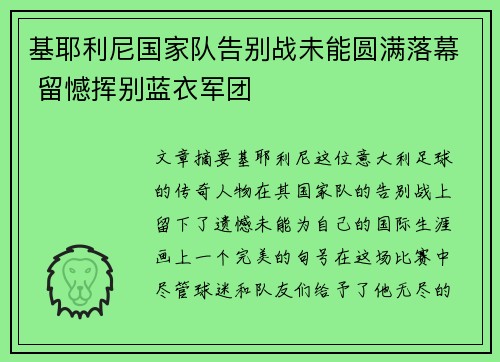 基耶利尼国家队告别战未能圆满落幕 留憾挥别蓝衣军团